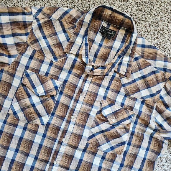 High Noon Mens Pearl Snap Shirt Size XL Brown Plaid Short Sleeve Western Country - Picture 1 of 6